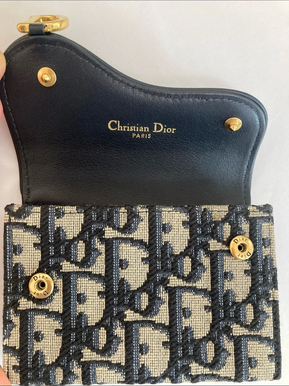 Dior Black & Beige Monogram Saddle Card Holder with Gold D Charm